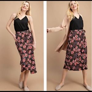 Floral Navy Midi Skirt with Tie Waist